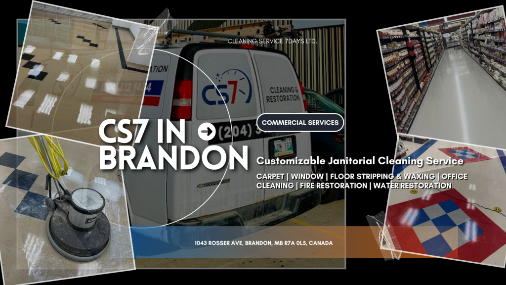 Professional janitorial team from CS7 providing floor cleaning services in a business setting in Brandon