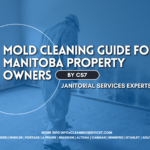 Mold Cleaning Guide for Manitoba Property Owners 4 Bold white text reads Mold Cleaning Guide for Manitoba Property Owners by CS7 over a blue office scene, referencing janitorial services and Manitoba cities.