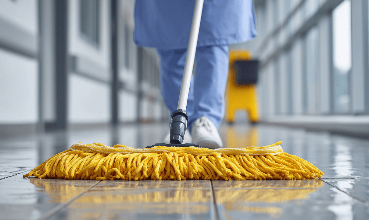 Professional Cleaning Services in Winkler 1 A yellow mop with a blue cleaning uniform in a bright, clean indoor space, supporting professional home and business cleaning in Altona, Manitoba.