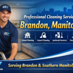 Trusted Home and Commercial Cleaning Services in Brandon, Manitoba 4 Professional Cleaning Services in Brandon, Manitoba banner with CS7 Cleaning and Restoration Services tech in blue holding a vacuum, home and carpet icons.