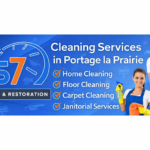 Top Cleaning Services in Portage la Prairie | CS7 Cleaning and Restoration 3 Cleaning Services in Portage la Prairie banner with CS7 logo, home cleaning, floor cleaning, carpet cleaning, janitorial services, blue and orange design