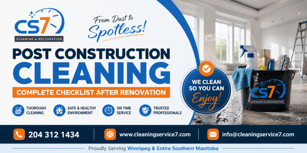 Post Construction Cleaning in Winnipeg: Complete Checklist After Renovation 1 Post construction cleaning checklist in Winnipeg after renovation showing dust removal and deep cleaning process