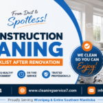 Post Construction Cleaning in Winnipeg: Complete Checklist After Renovation 5 Bright CS7 Cleaning and Restoration Services branding on a post construction cleaning checklist graphic with dust cleanup tools, in Winnipeg.